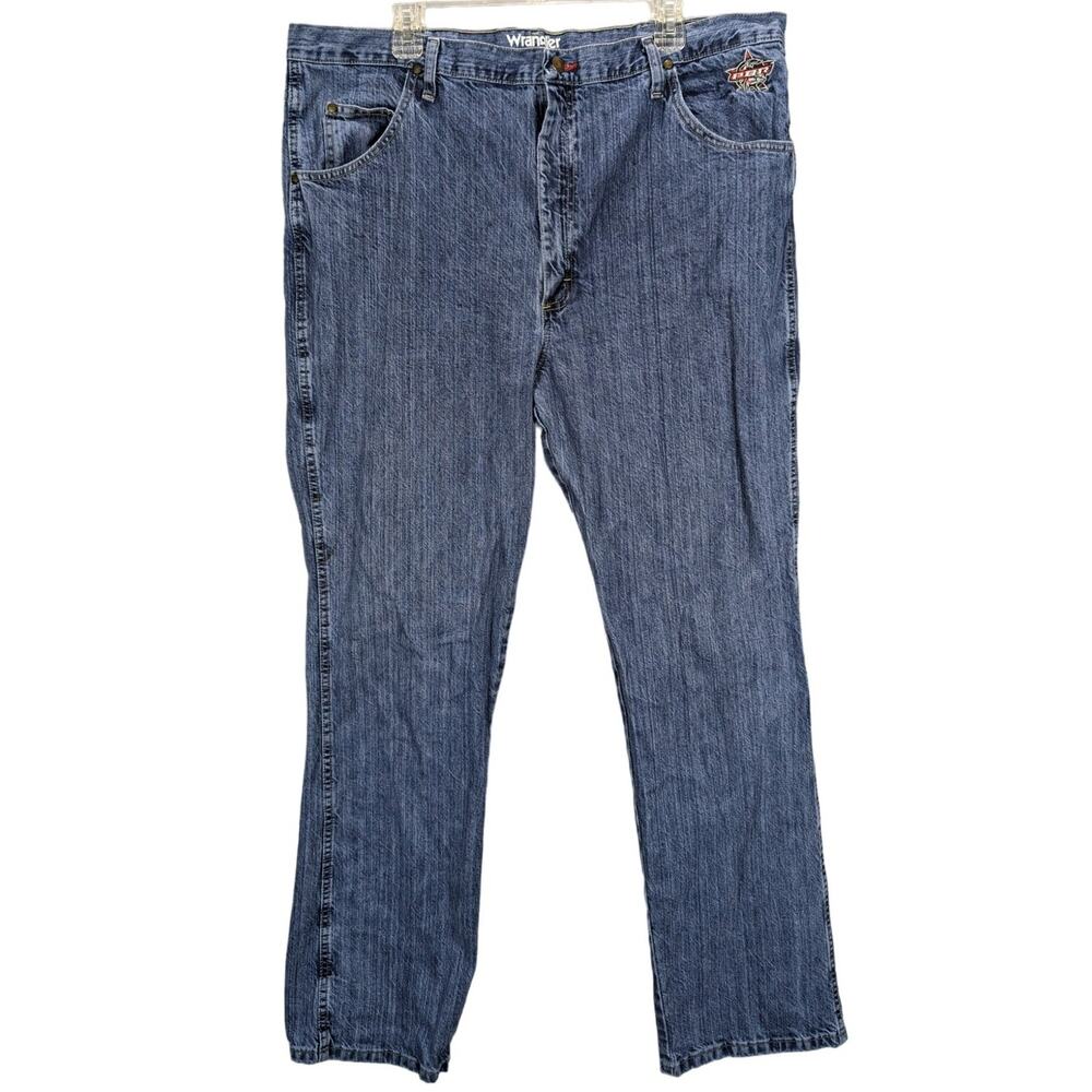 Wranglers PBR Jeans Mens 41 x 33 Blue Denim Embroider Logo Western Rodeo Rancher